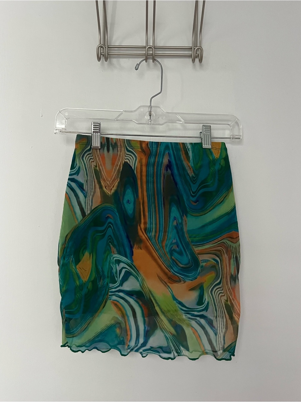 SHEIN Green & Teal Marble-Print Sheer Mini Skirt